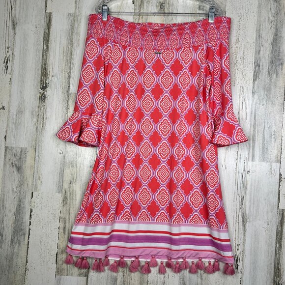 NEW! Coral Geo Off The Shoulder Dress Wowens Size Large Vacation Resort Wear - Picture 5 of 14